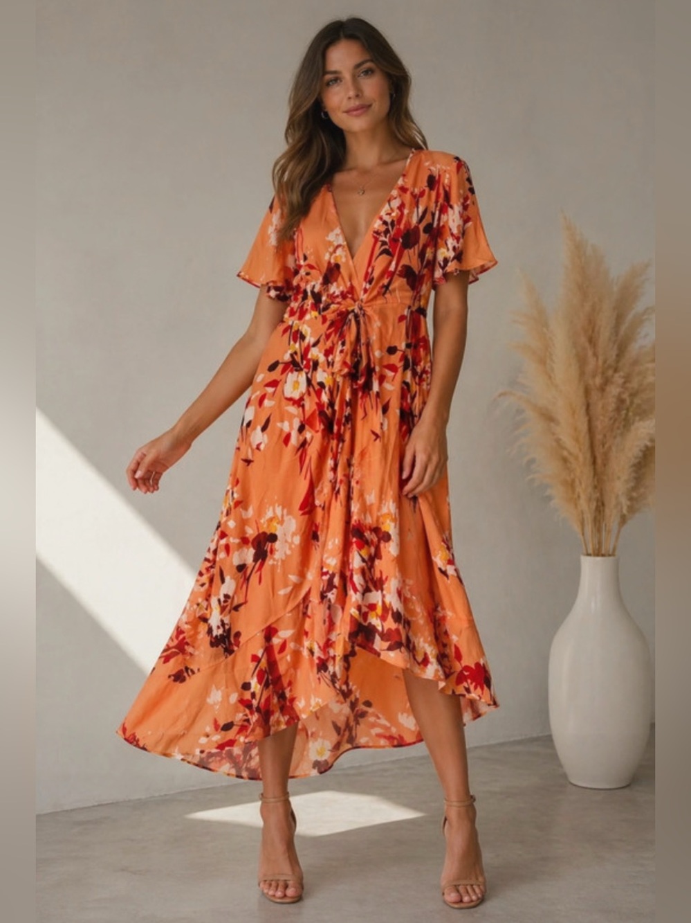 Premier Amour Orange Midi Floral Dress -10